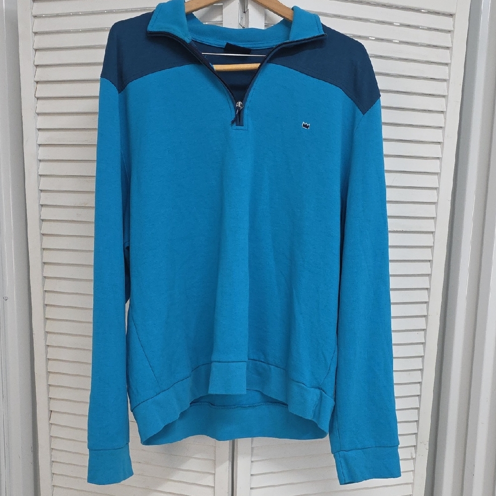 Crown & Ivy Teal Blue Zip-Neck Pullover with Navy Shoulder Yoke